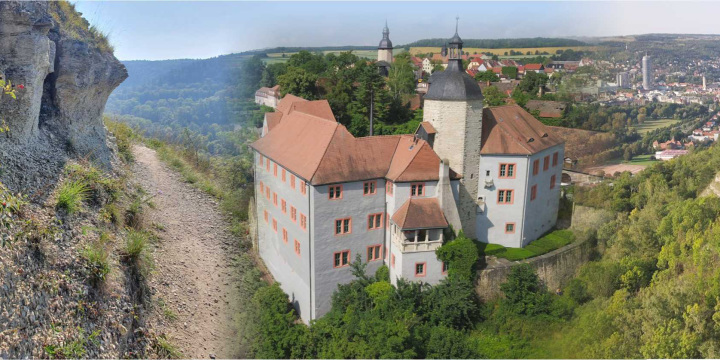 Collage von dem Weg der Saalehorizontale mit Ausblicken auf die Dornburger Schlösser und die Saalestadt Jena