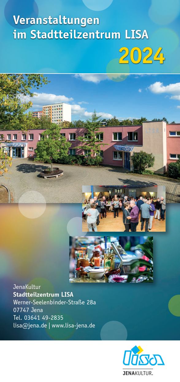 Cover des Programmfaltblatts LISA, auf dem das LISA von Außen, der Familientanz und der Flohmarkt zu sehen sind.
